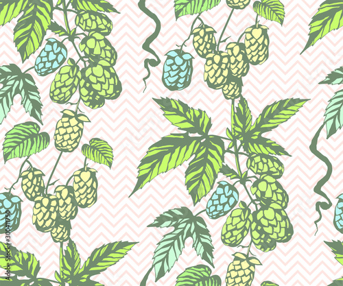 Hand drawn hop branch decorative background. Ethnic seamless pattern ornament. Vector pattern