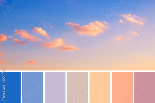 Color matching palette from from panoramic image of romantic colorful sunset with pink and orange fluffy clouds on blue and purple sky, natural color scheme photo