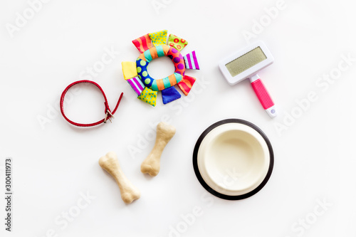 Set of treats and toys for pets with bones, collar and bowl on white background top view