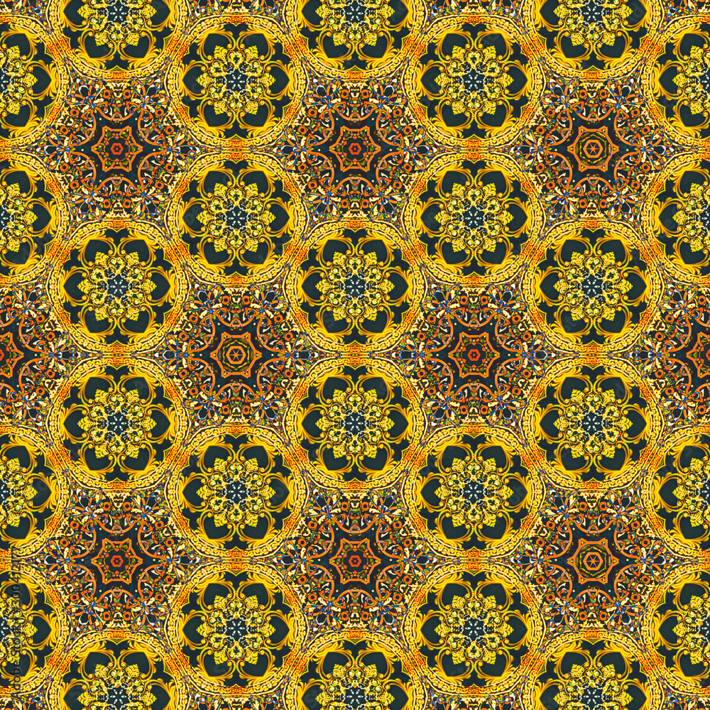 Shiny golden colored, vintage style seamless pattern background. Woven textile texture. Wall paper, wrapping paper, gift card, greeting card and cover design.
