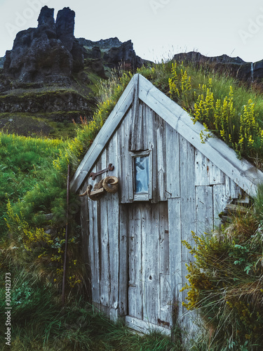 Wooden housesin Nupstadur in Iceland with grass covered roof photo