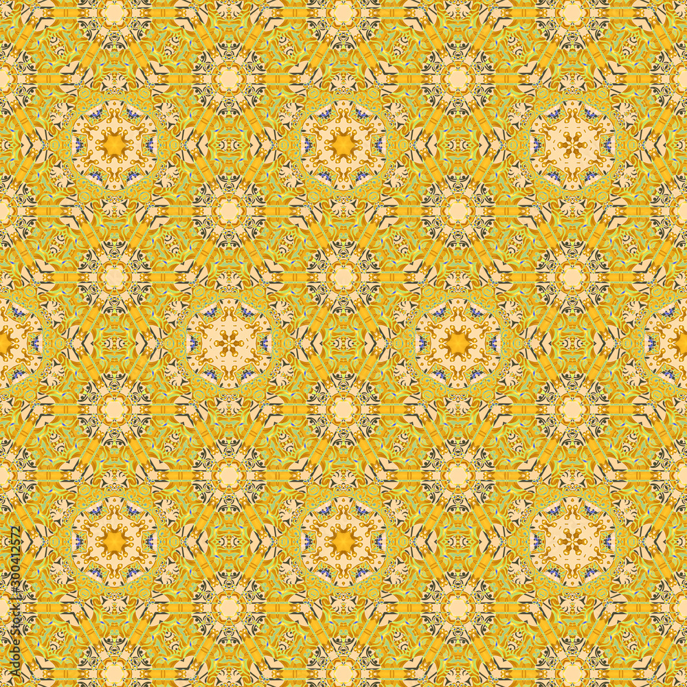 Soft pastel and faded yellow colored, vintage style seamless pattern background.