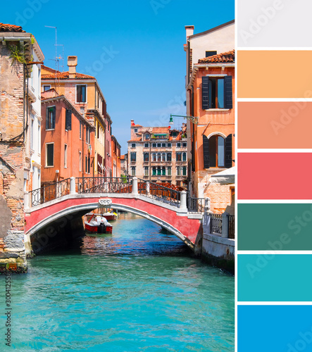 Color matching palette from travel background with aged orange houses, pink bridge and turquoise water in canals in central Venice in Italy under blue sky photo