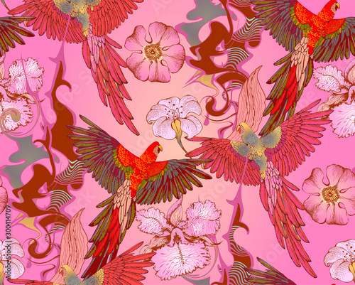 Seamless pattern of parrots and flowers. Suitable for fabric, wrapping paper and the like. Vector illustration