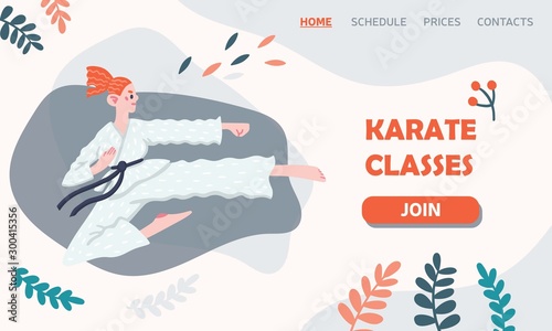 Flat vector illustration of a fighting girl with floral elements. Karate classes. Female character. Template for a landing page, poster, banner. Fight, sport, feminism.