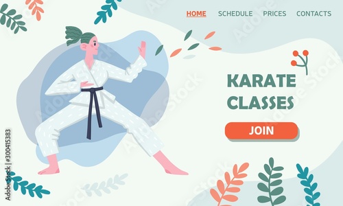 Flat vector illustration of a fighting girl with floral elements. Karate classes. Female character. Template for a landing page, poster, banner. Fight, sport, feminism.