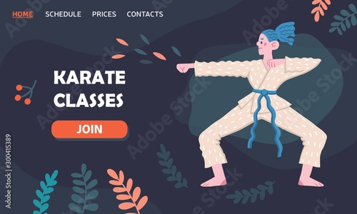 Flat vector illustration of a fighting girl with floral elements. Karate classes. Female character. Template for a landing page, poster, banner. Fight, sport, feminism.