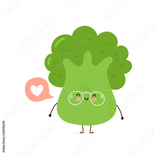 Cute happy smiling broccoli with heart
