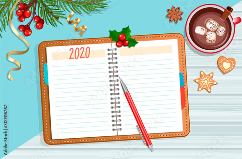 Planning 2020 year. Planner, pencil, tea and christmas accessories. Schedule and calendar concept. To do and wish list in new year. Starting New Year with changes. Vector illustration.