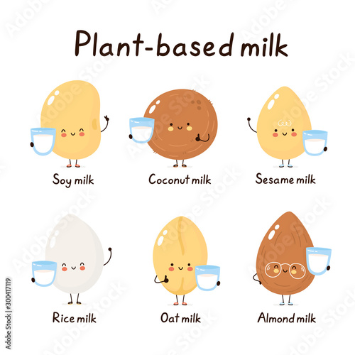 Cute happy smiling plant based milk characters