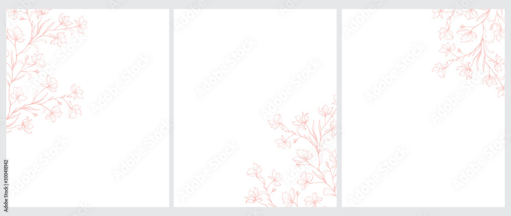 Set of 3 Blooming Tree Twigs Vector Illustration. Pink Tree Branches with Flowers Isolated on a White Background. Simple Elegant Wedding Cards. Floral Hand Drawn Arts. Illustration Without Text.