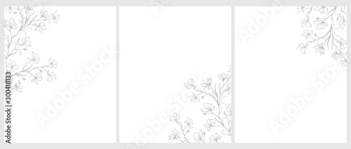 Set of 3 Blooming Tree Twigs Vector Illustration. Gray Tree Branches with Flowers Isolated on a White Background. Simple Elegant Wedding Cards. Floral Hand Drawn Arts. Illustration Without Text.