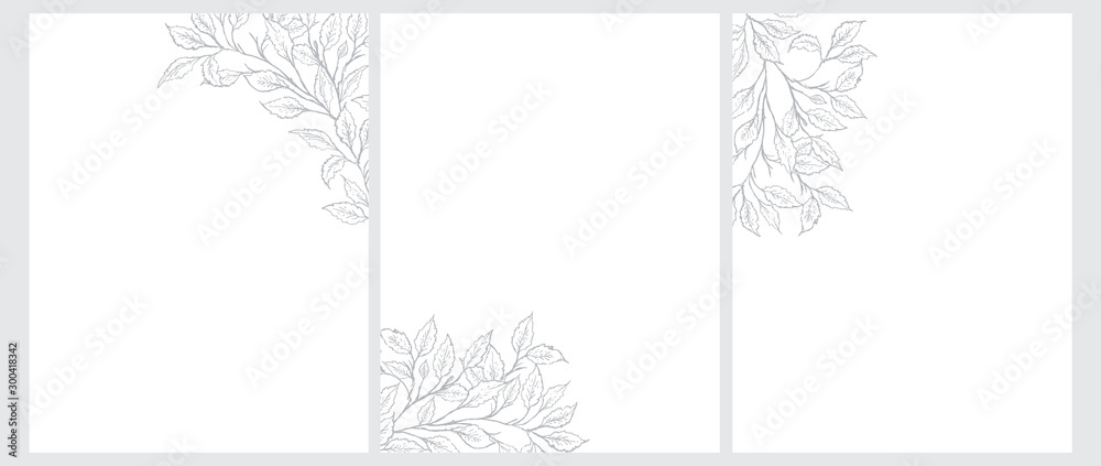 Set of 3 Tree Twigs Vector Illustration. Gray Tree Branches Isolated on a White Background. Simple Elegant Wedding Cards. Floral Hand Drawn Arts. Illustration Without Text. - obrazy, fototapety, plakaty 