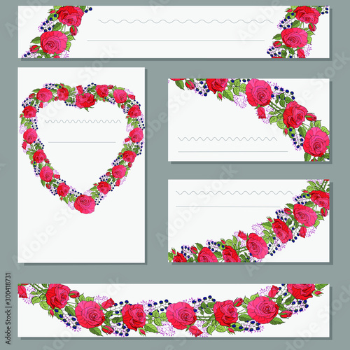 Floral  templates with bunches of red roses. For romantic and wedding design, annnouncements, greeting cards, posters, advertisment