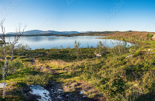 Summer landscape with green grass and lake and mountains on horizon in Lapland, near the norwegian border in Sweden. Swedish landscape in summertime.