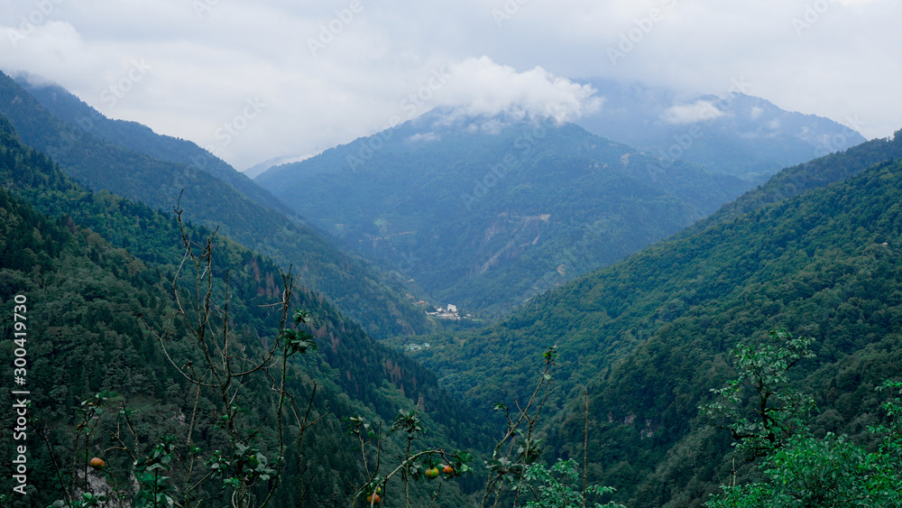 Fototapeta premium View of Kazbegi, Georgia. Beautiful natural mountain background. Summer