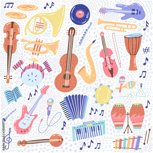 Big Music set musical instrument and symbols icons collections. Cartoon sound concept elements. Music notes with Piano, Guitar, Violin, Trumpet, Drum, Saxophone and Harp. Hand drawn doodle Vector photo