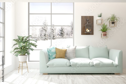 Stylish room in white color with sofa and winter landscape in window. Scandinavian interior design. 3D illustration