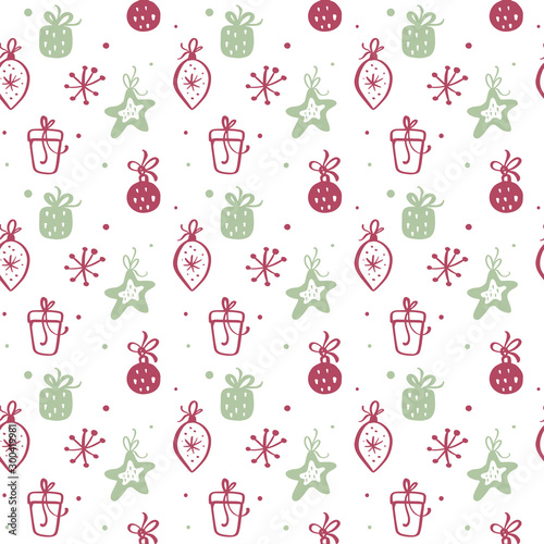 Vector Christmas Seamless pattern texture with gift boxes and other xmas toys. Can be used for wallpaper, fills, textile, web page background, surface textures. illustration