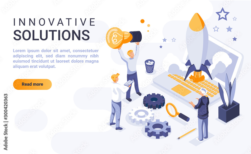 Innovative solutions landing page vector template with isometric illustration. Creative entrepreneurship homepage interface layout with isometry. Brainstorming and idea generation 3d webpage design Innovative solutions landing page vector template with isometric illustration. Creative entrepreneurship homepage interface layout with isometry. Brainstorming and idea generation 3d webpage design