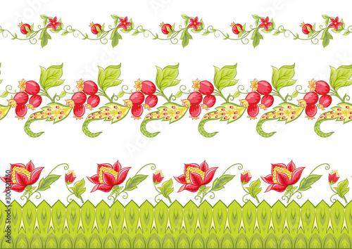 Fantasy flowers, traditional Jacobean embroidery style. Seamless pattern, background. Vector illustration in bright red and green colors isolated on white background..