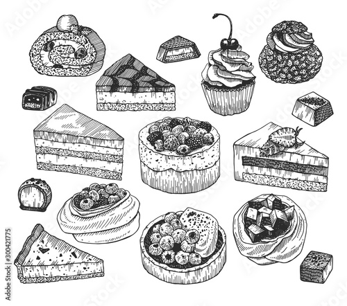 Vector ink sketch of desserts. Hand drawn collection of cakes, tarts, meringues and candies isolated on a white.