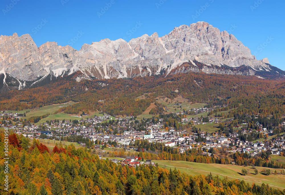 Alpine autumn landscape in the Ampezzo Dolomites, Italy