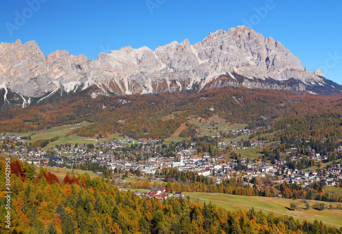 Alpine autumn landscape in the Ampezzo Dolomites, Italy