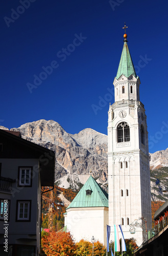 Picturesque alpine resort with majestic sunset and high mountains in background, Cortina d Ampezzo, Dolomites, South Tyrol, Italy, Europe