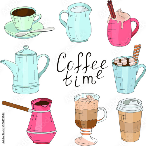 set of coffee cups and glasses and crockery for making coffee