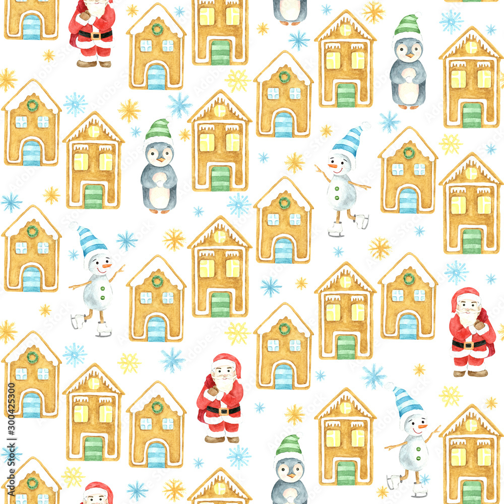 Seamless winter pattern. Christmas watercolor background. Hand drawn, Santa Claus, penguin, snowman, gingerbread houses, snowflakes. Cartoon character. Isolated objects.