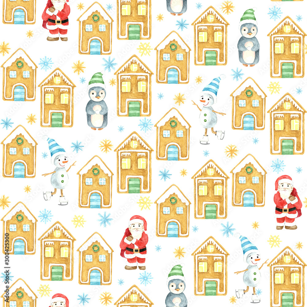 Seamless winter pattern. Christmas watercolor background. Hand drawn, Santa Claus, penguin, snowman, gingerbread houses, snowflakes. Cartoon character. Isolated objects. Seamless winter pattern. Christmas watercolor background. Hand drawn, Santa Claus, penguin, snowman, gingerbread houses, snowflakes. Cartoon character. Isolated objects.