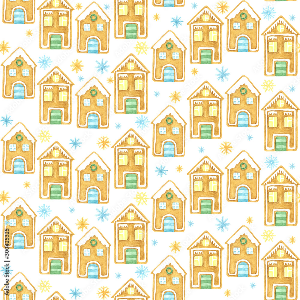 Seamless winter pattern. Christmas watercolor design. Hand drawn Gingerbread houses and snowflakes. Cartoon character.