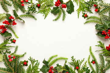Christmas background with branches of fir tree, evergreens and holly with red berries on white. Winter nature concept. Flat lay, copy space.