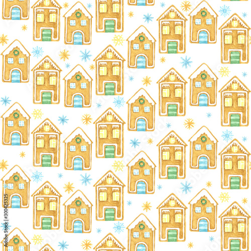 Seamless winter pattern. Christmas watercolor design. Hand drawn Gingerbread houses and snowflakes. Cartoon character.