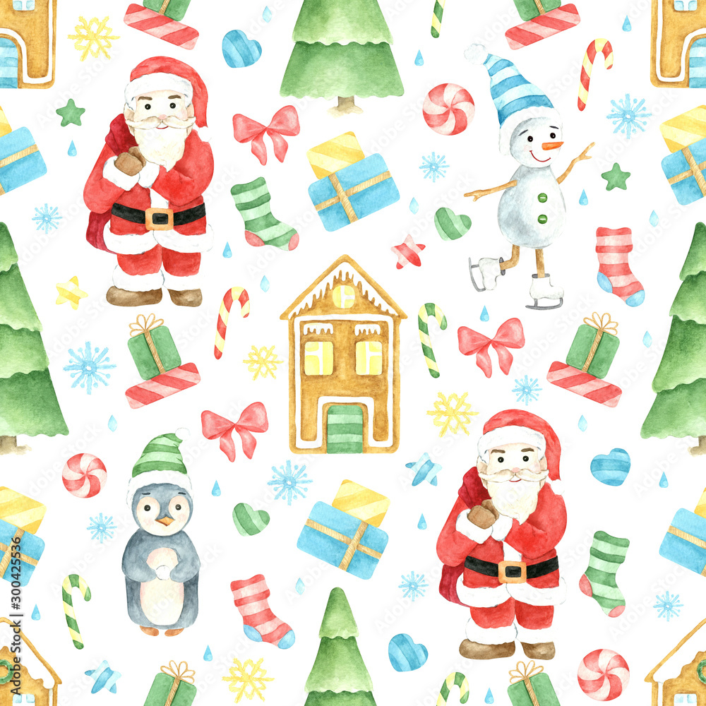Fototapeta premium Seamless winter pattern. Christmas watercolor background. Hand drawn Santa Claus, snowman, penguin, gingerbread houses. Cartoon character. Isolated objects..
