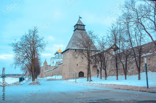 Ancient walls of the Pskov Kremlin. Russia. January 2019