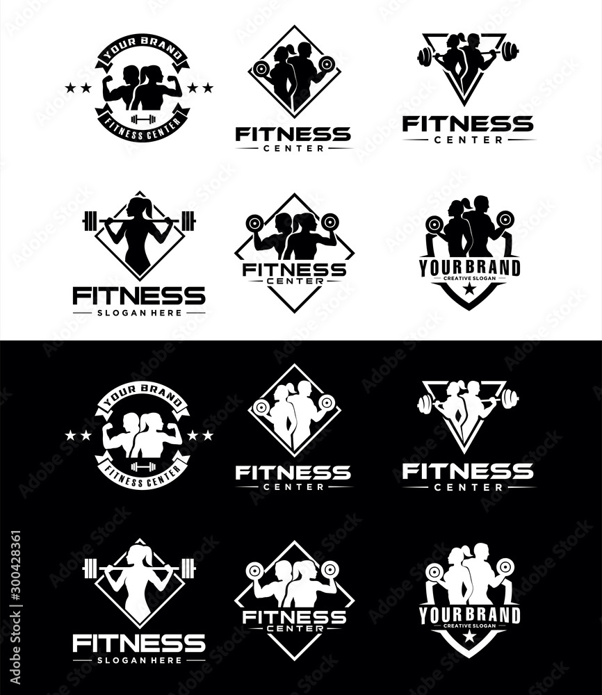 Set Of Fitness Center Logo silhouette . Sport and fitness logo Design . Gym Logo Icon Design Vector Stock