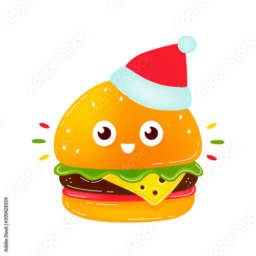 Cute smiling happy burger in christmas hat 