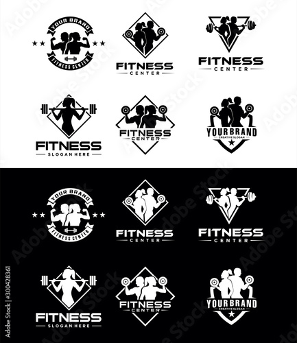 Set Of Fitness Center Logo silhouette . Sport and fitness logo Design . Gym Logo Icon Design Vector Stock