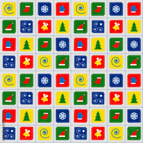 Seamless pattern with Christmas symbols looks like patchwork with stitches and embroidery. Good for paper napkins  decorative paper  tablecloth.