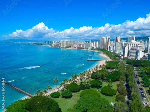 Panorama aerial view of Waikiki beach Hawaii USA white sandy beach turquoise blue waters luxury hotels and resorts  © Elias Bitar