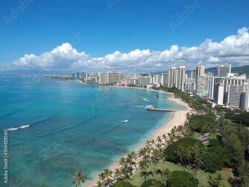 Panorama aerial view of Waikiki beach Hawaii USA white sandy beach turquoise blue waters luxury hotels and resorts 