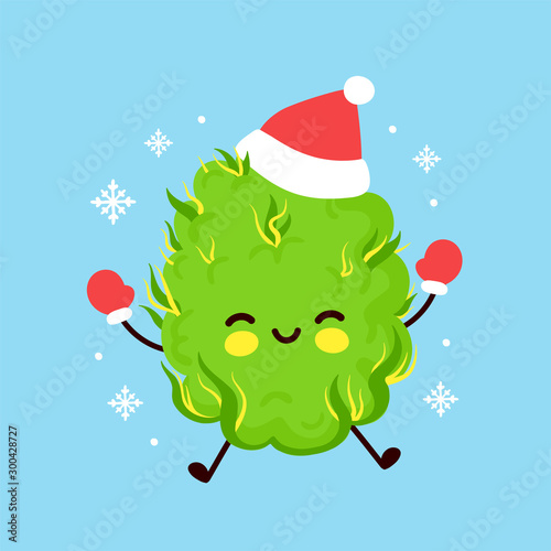 Cute smiling happy weed bud in christmas hat