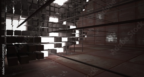 Abstract architectural concrete and rusted metal interior from an array of white cubes with neon lighting. 3D illustration and rendering.
