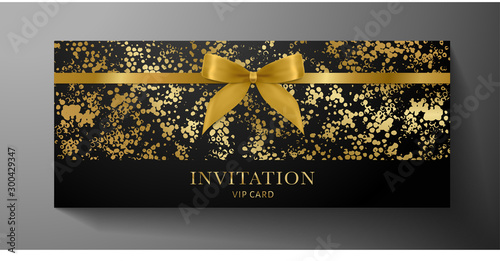 Luxurious VIP Invitation template with gold bow, ribbon on black textured background. Premium class design for Gift certificate, Voucher, Gift card 