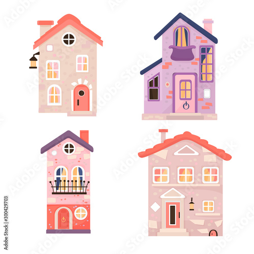 Set of cute vintage houses isolated on white background