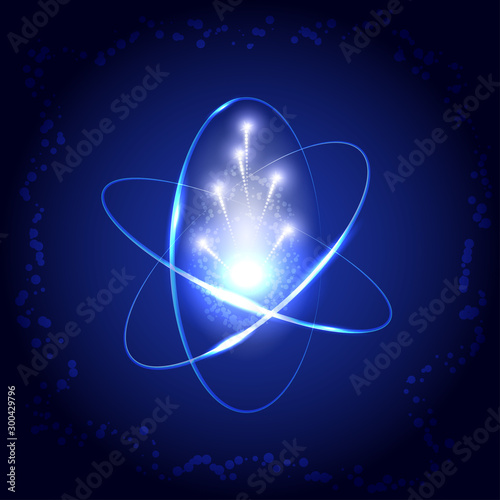 Shining atom model with neon light and fusion with particles and sparkles. Technology, power, energy. Vector illustration