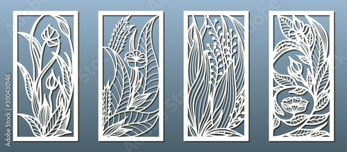 Laser cut panel template, anstract floral pattern. Stencil for wood or metal cutting, carving, paper art, fretwork