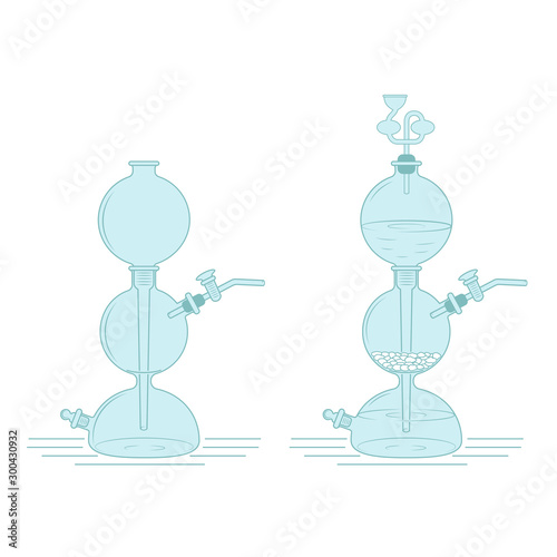 Two Kipp apparatus, empty and with chemical process. Chemical laboratory equipment.